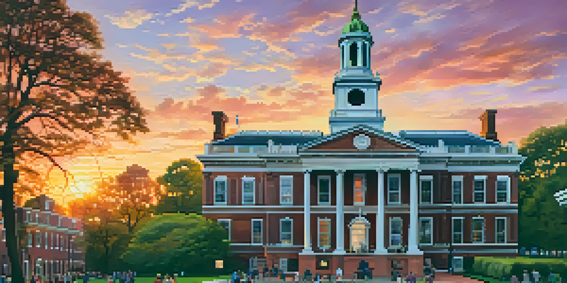 A scenic view of Independence Hall in Philadelphia at sunset, with colorful sky and visitors in the foreground.