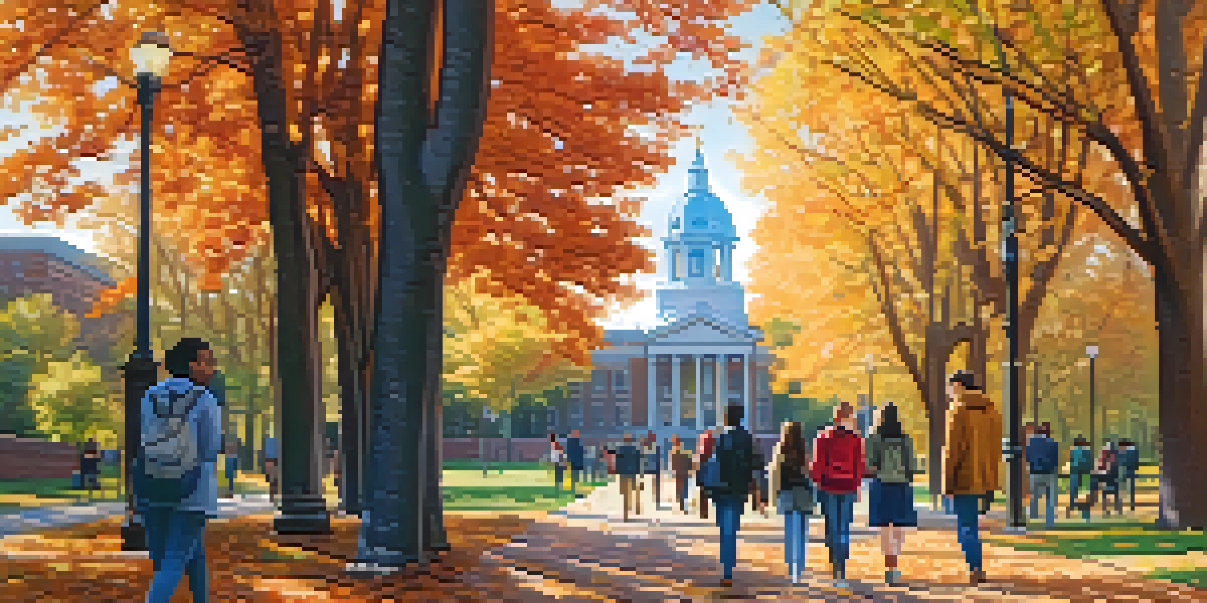 A university campus in Philadelphia with students from diverse backgrounds walking on a path surrounded by autumn foliage and historic buildings.