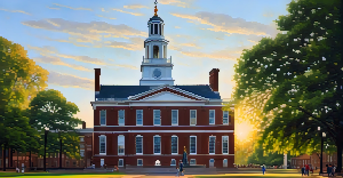 A warm sunset view of Independence Hall with lush trees and visitors in the foreground.