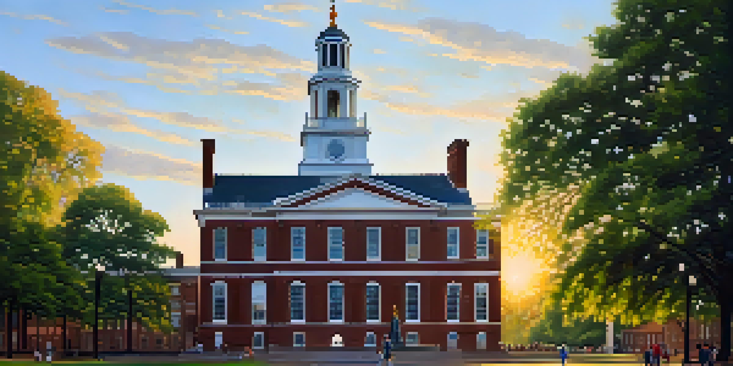 A warm sunset view of Independence Hall with lush trees and visitors in the foreground.