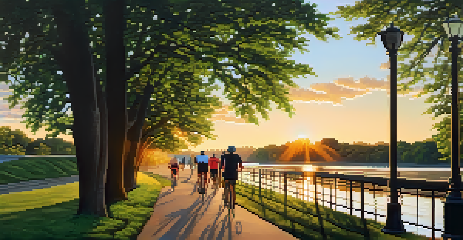 A picturesque river trail with joggers and cyclists, framed by trees and a vibrant sunset reflecting on the water.