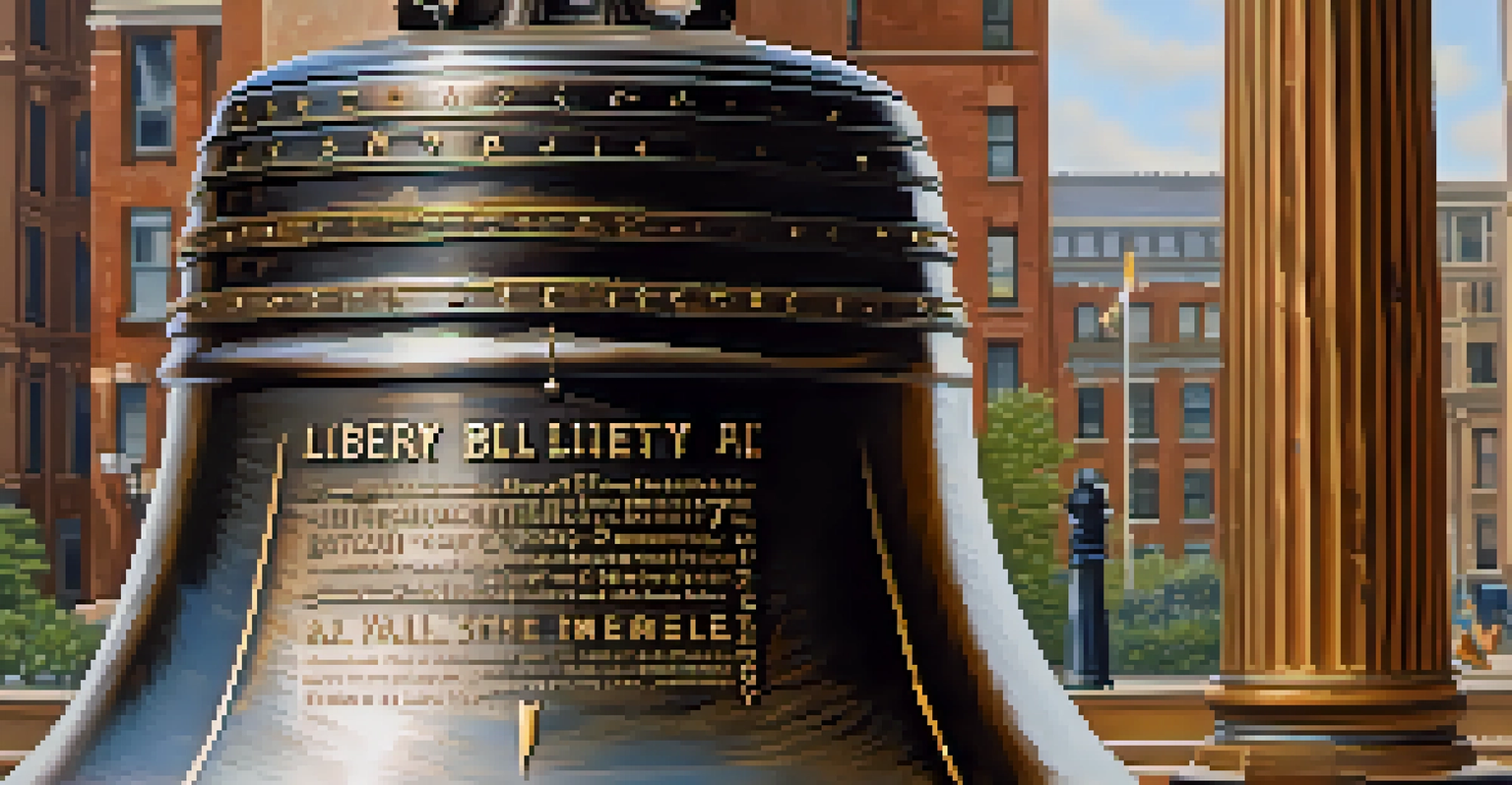A close-up view of the Liberty Bell with its famous crack and inscription.