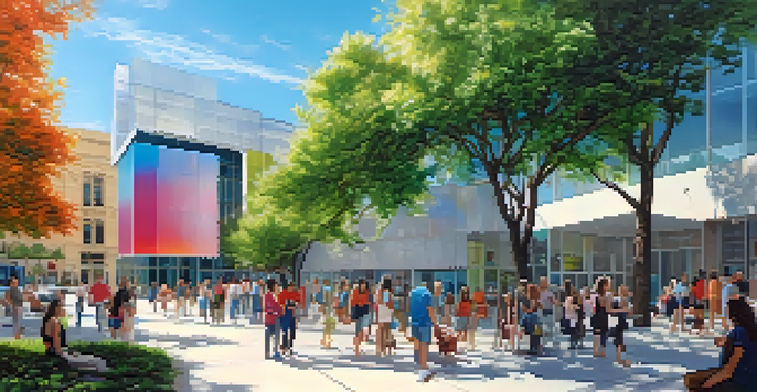 A modern art museum with colorful outdoor installations and diverse people interacting with art in a green space under a blue sky.