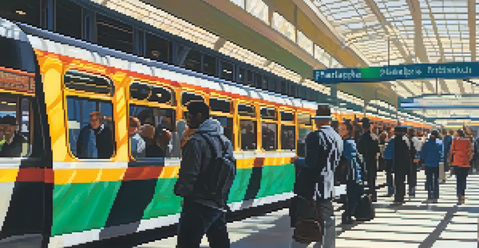 A busy Philadelphia transit station with commuters waiting for buses and trains, sunlight streaming through the glass roof.