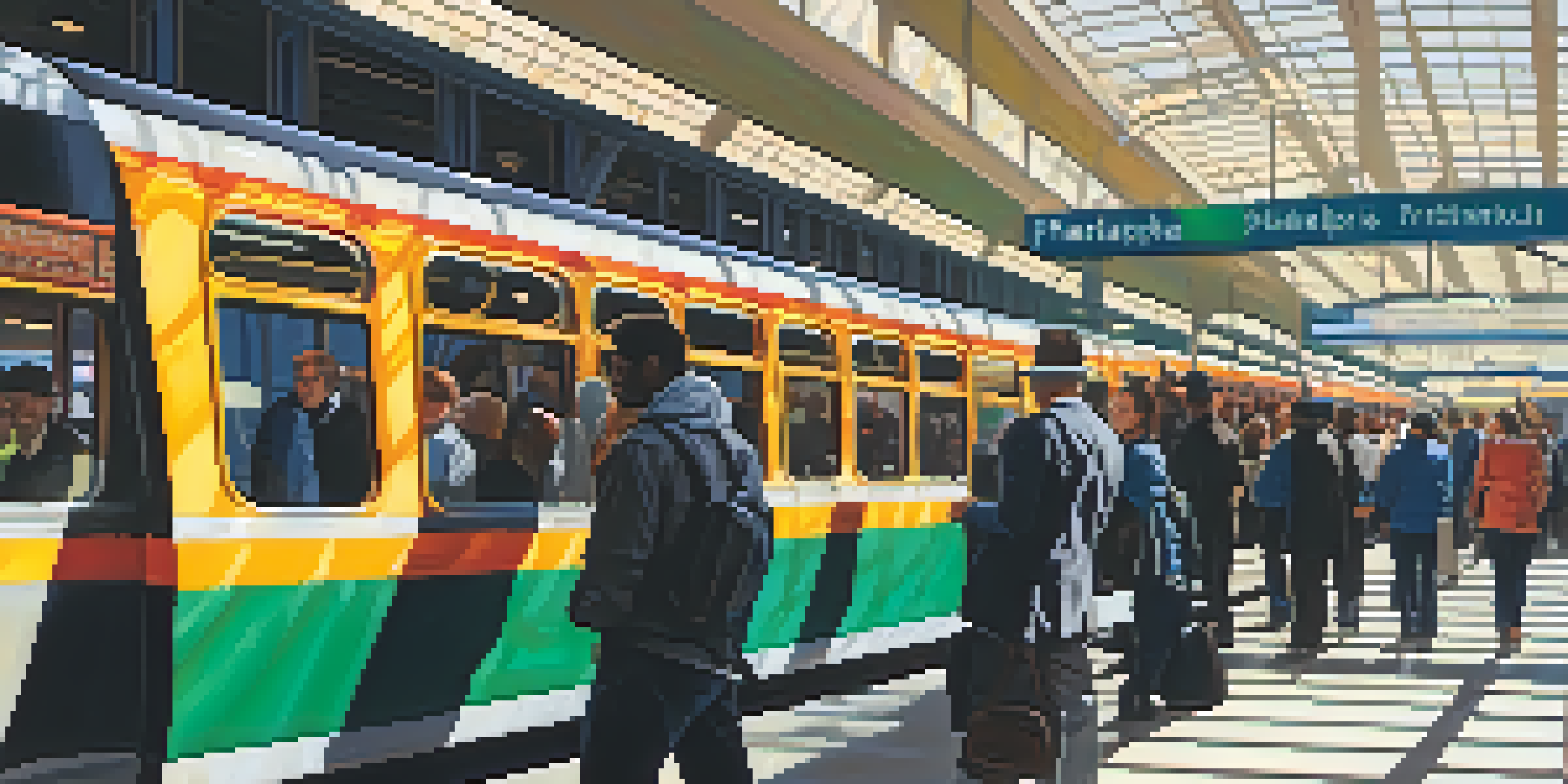 A busy Philadelphia transit station with commuters waiting for buses and trains, sunlight streaming through the glass roof.