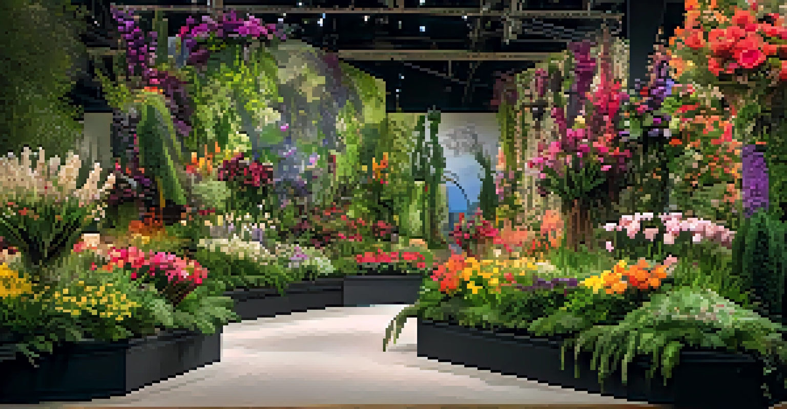 A beautiful indoor flower show with colorful floral arrangements and lush greenery, showcasing the vibrancy of nature.