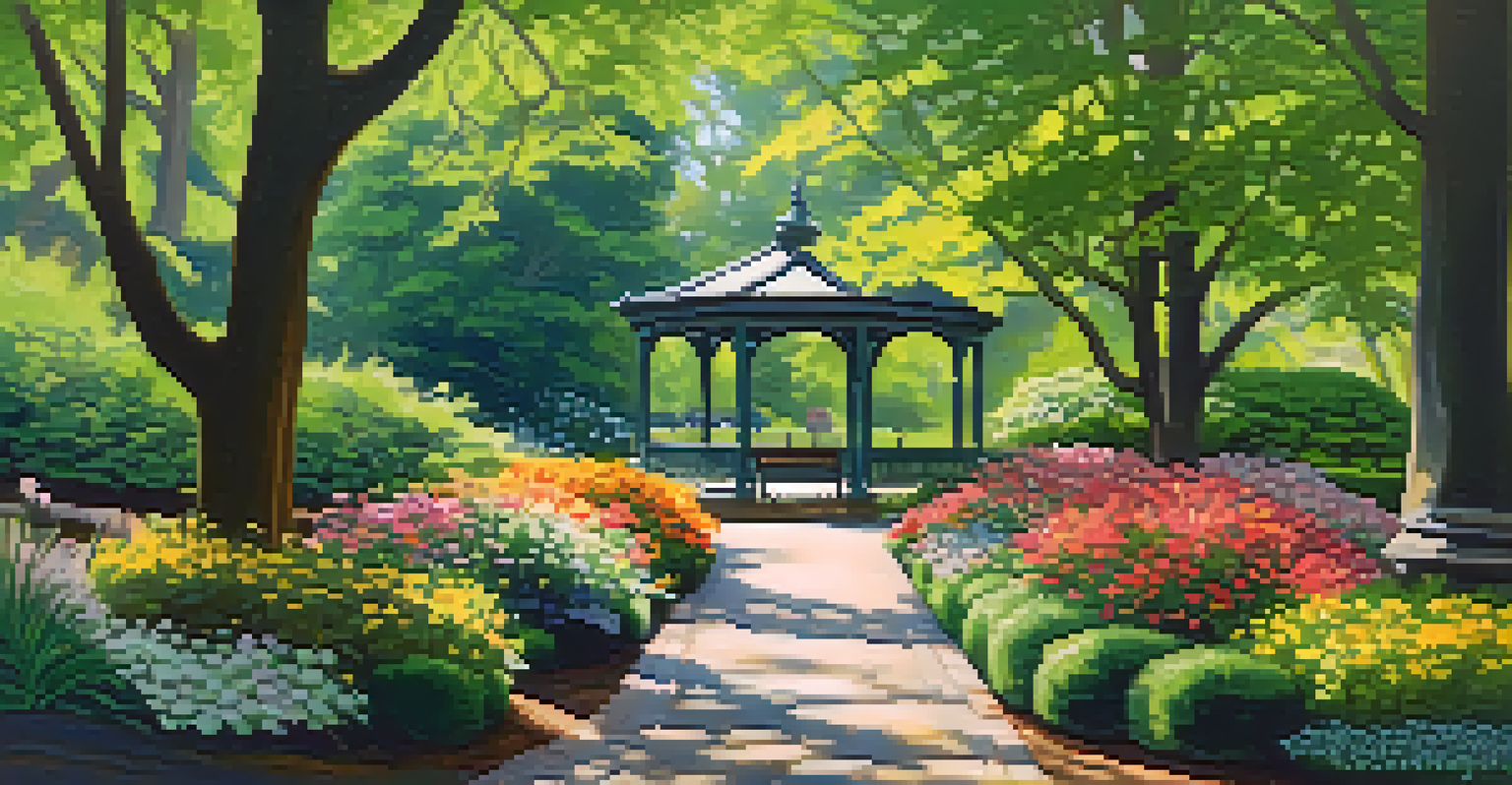 A tranquil scene in Morris Arboretum with diverse trees and flowers, featuring a winding path and visitors enjoying the gardens.