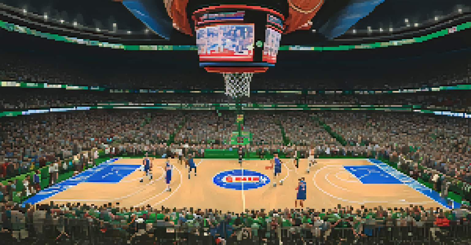 Players competing in a basketball game between the 76ers and Celtics, with energetic fans in the stands.