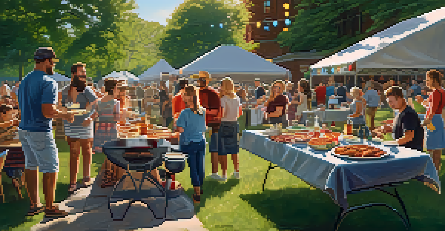 A cheerful outdoor BBQ festival scene with a grill loaded with meats and people enjoying food at picnic tables.