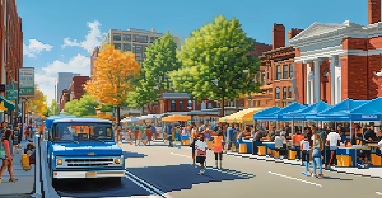 A busy street in University City with students dining at outdoor cafes and food trucks, surrounded by historic architecture.