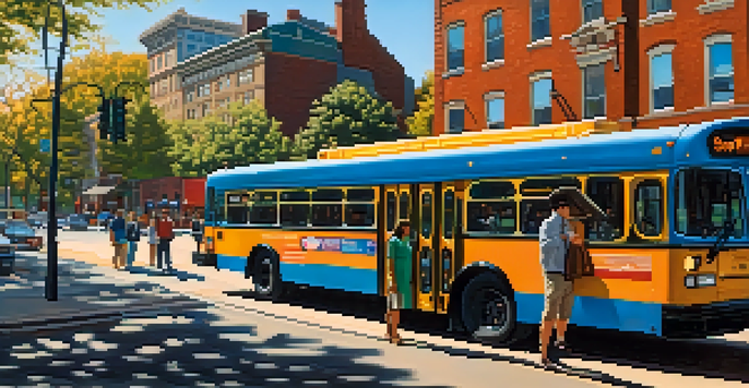A busy street in Philadelphia with a SEPTA bus and commuters waiting at a stop, historic buildings in the background.