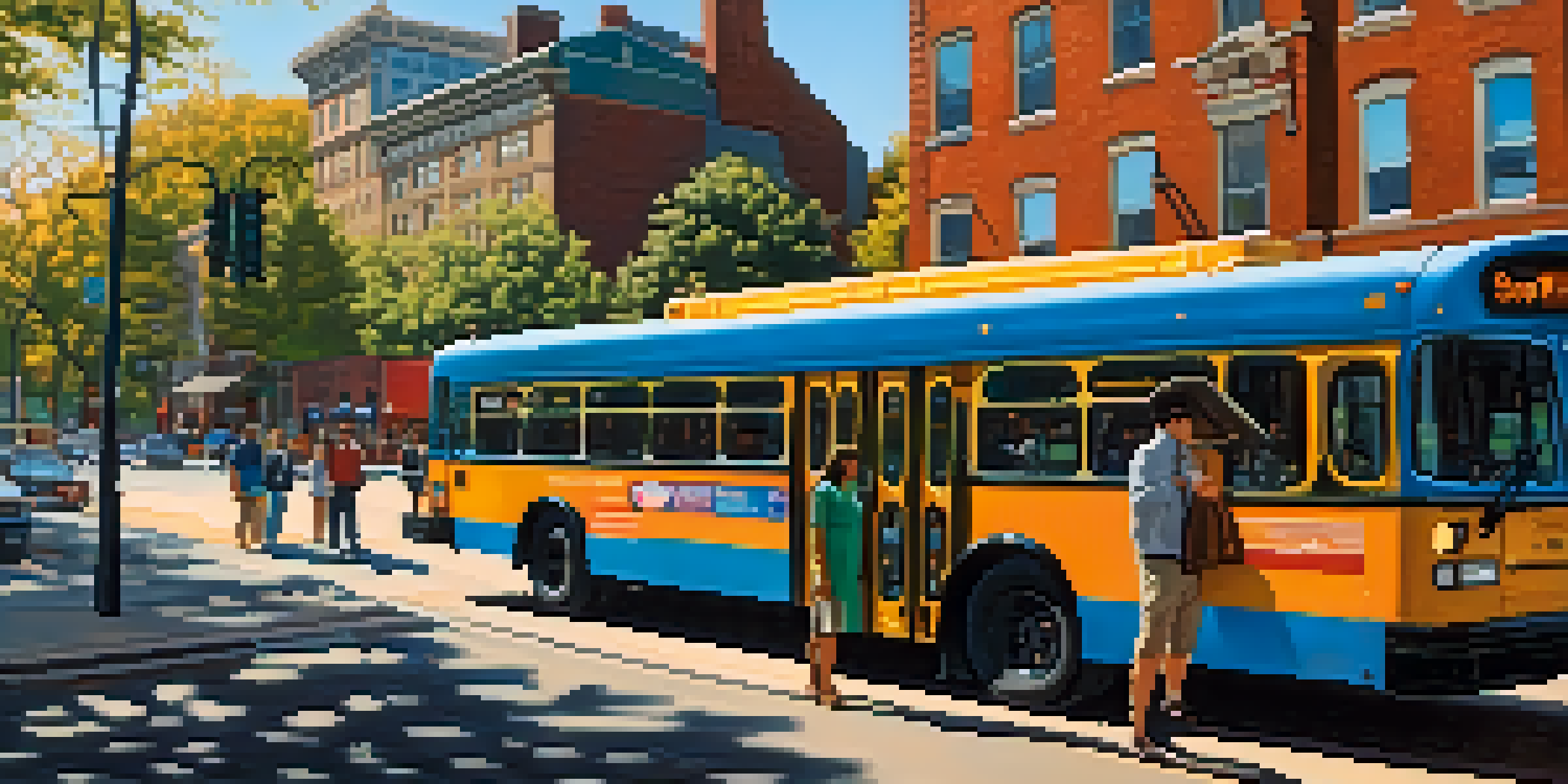 A busy street in Philadelphia with a SEPTA bus and commuters waiting at a stop, historic buildings in the background.