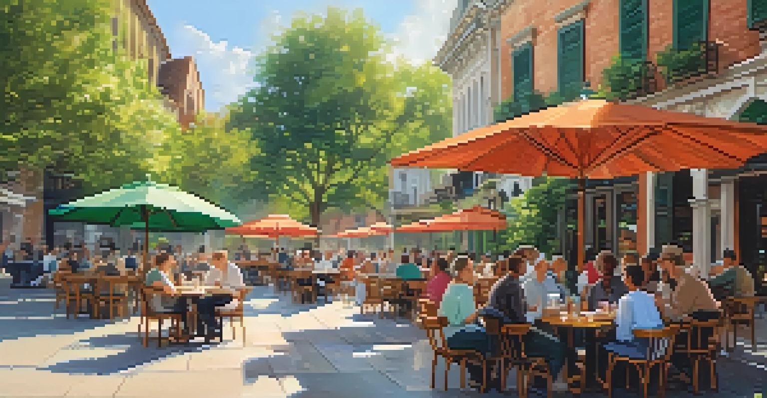 An outdoor café in Old City with wooden tables and colorful umbrellas, where people enjoy coffee amidst greenery and historic buildings.
