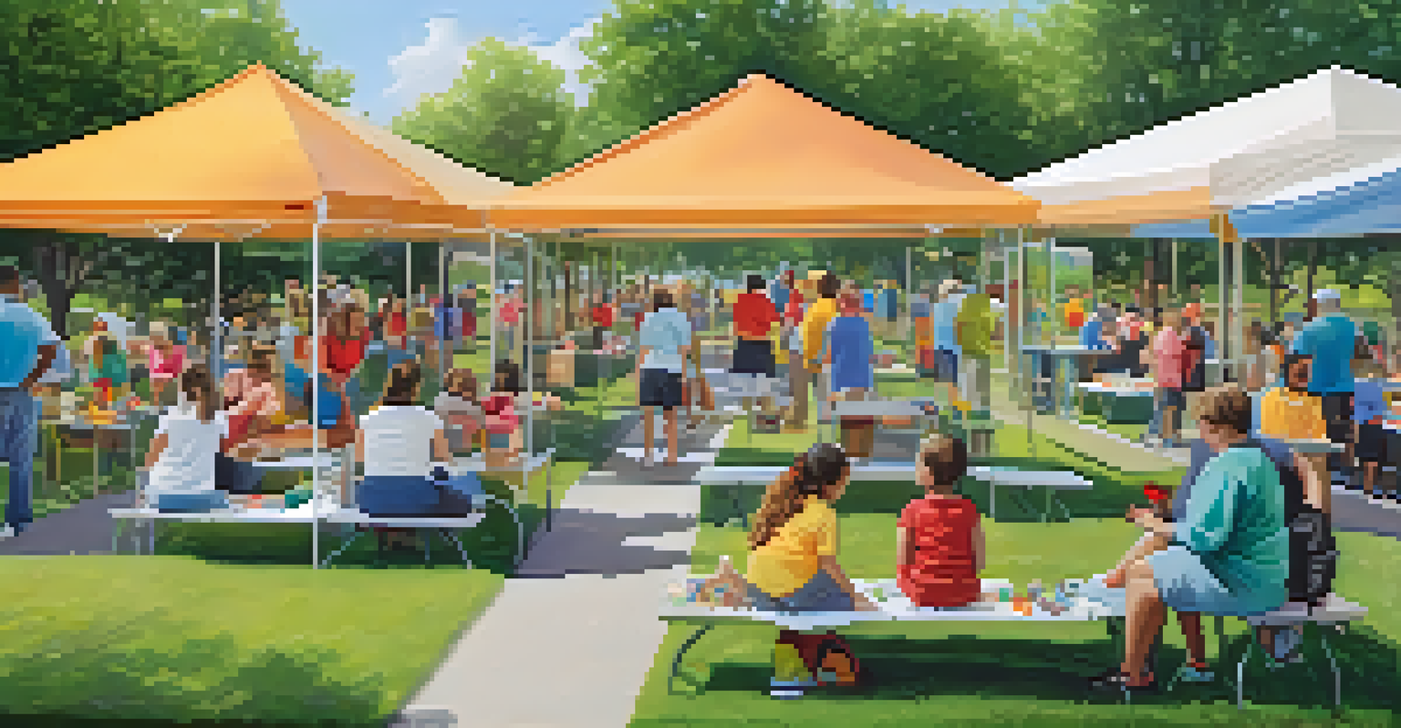 A community outreach event in a sunny park where volunteers educate families about health and wellness with colorful booths and interactive displays.