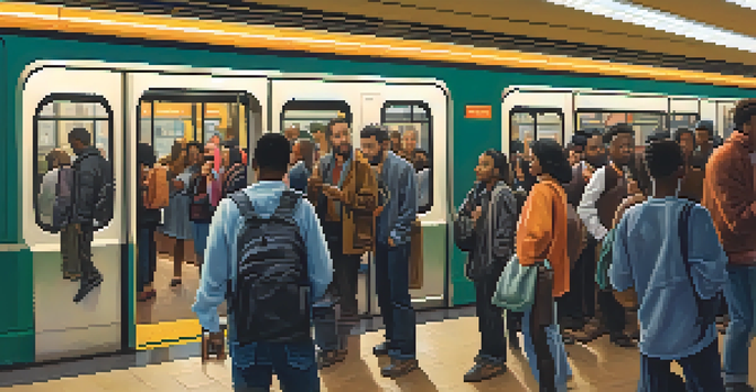 A busy subway station in Philadelphia with diverse commuters waiting for a train during rush hour.