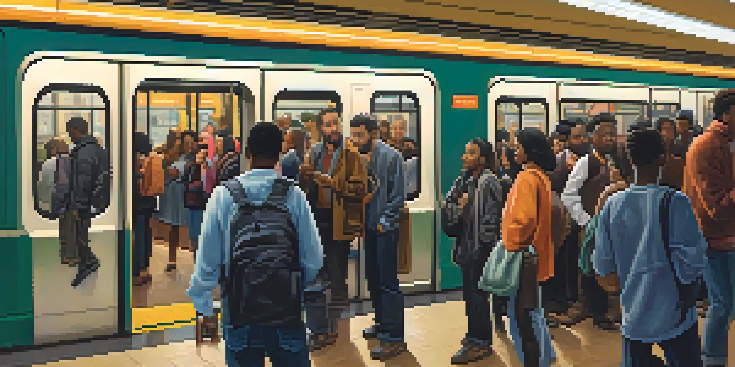 A busy subway station in Philadelphia with diverse commuters waiting for a train during rush hour.