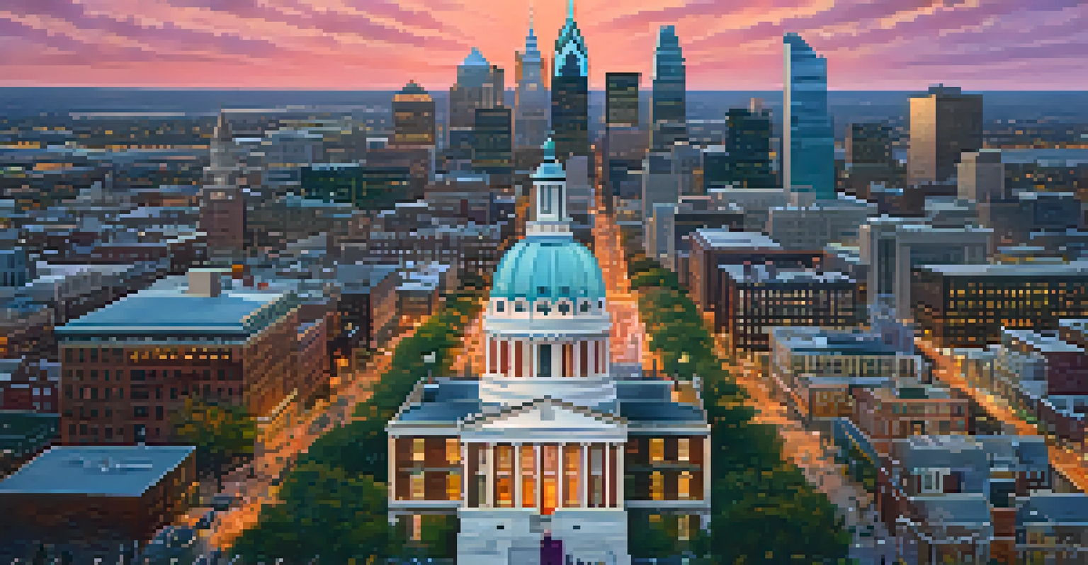 An aerial view of Philadelphia's skyline at sunset, featuring the Liberty Bell and Independence Hall in the foreground.