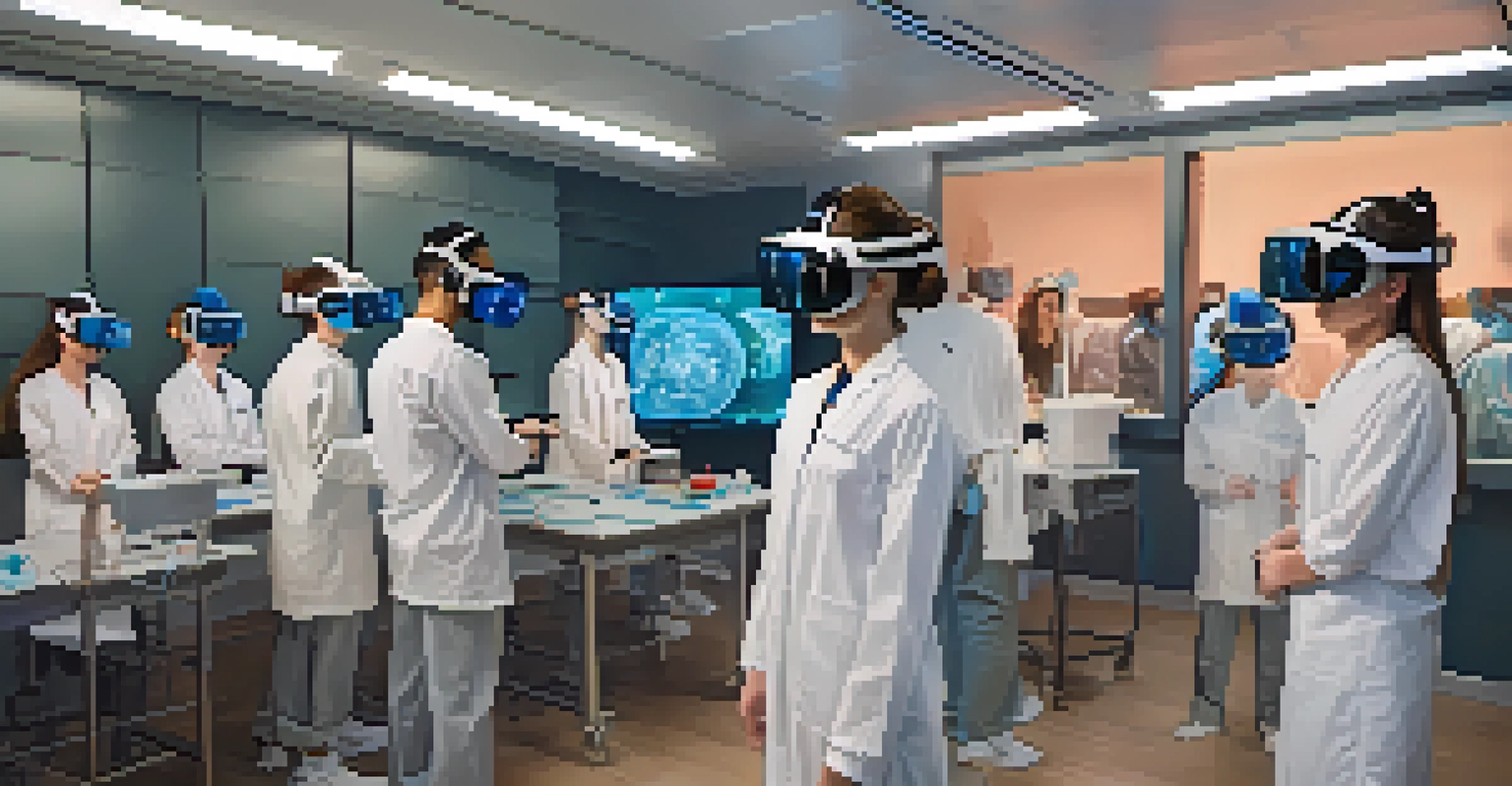 Medical students practicing surgery techniques using virtual reality in a modern classroom.