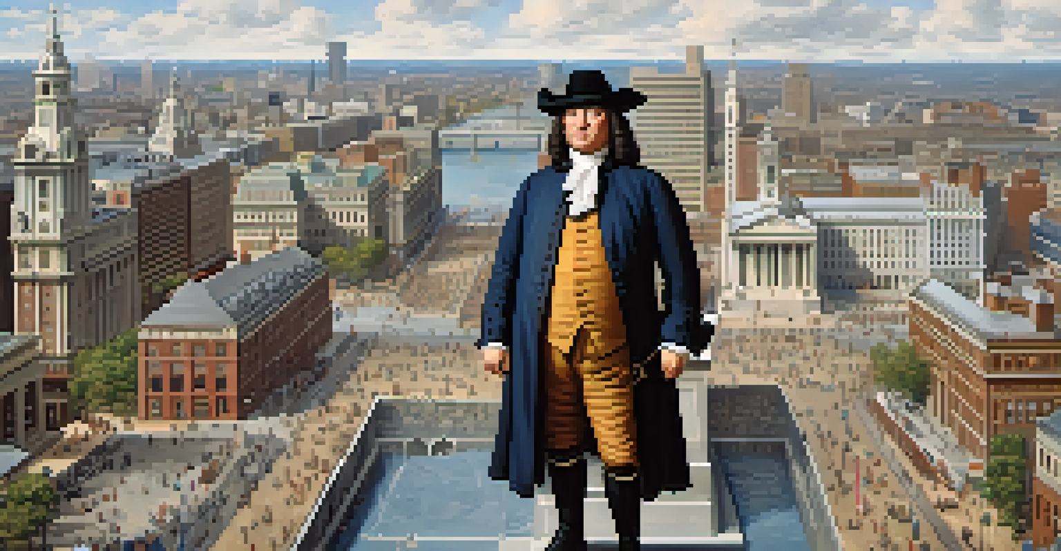 William Penn standing on a city hall with a blue sky and diverse people below.