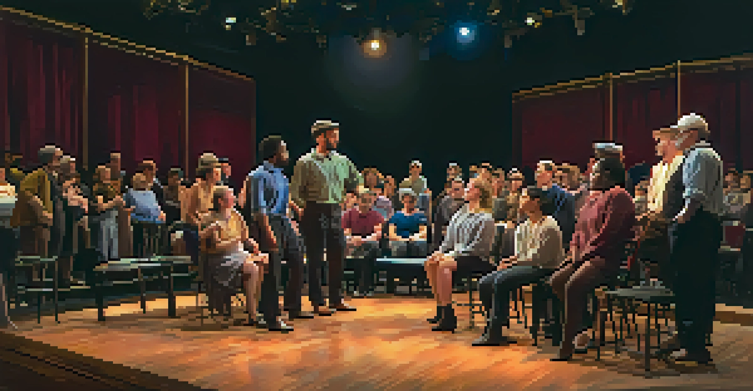 An intimate theater scene during a performance at the Philadelphia Theater Festival, with an engaged audience and vibrant stage lighting.