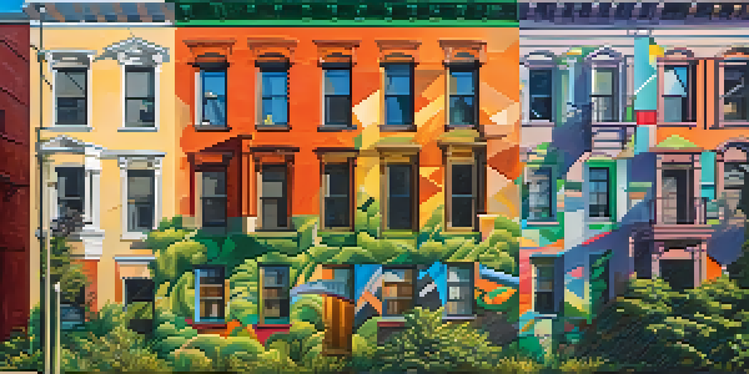 A colorful mural depicting local historical figures and geometric patterns on an abandoned building in Philadelphia, bathed in warm afternoon sunlight.