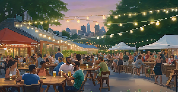An outdoor beer garden in Philadelphia with people socializing, picnic tables, and string lights.