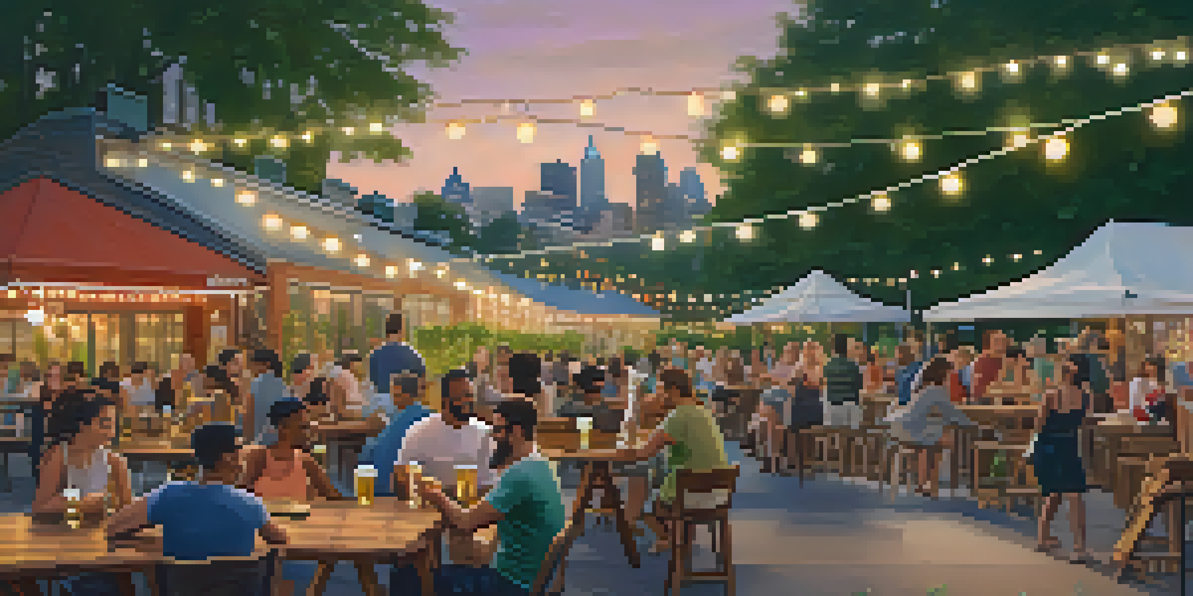 An outdoor beer garden in Philadelphia with people socializing, picnic tables, and string lights.