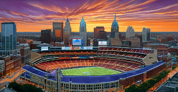 A panoramic view of Philadelphia's sports venues at sunset, with fans in team colors.