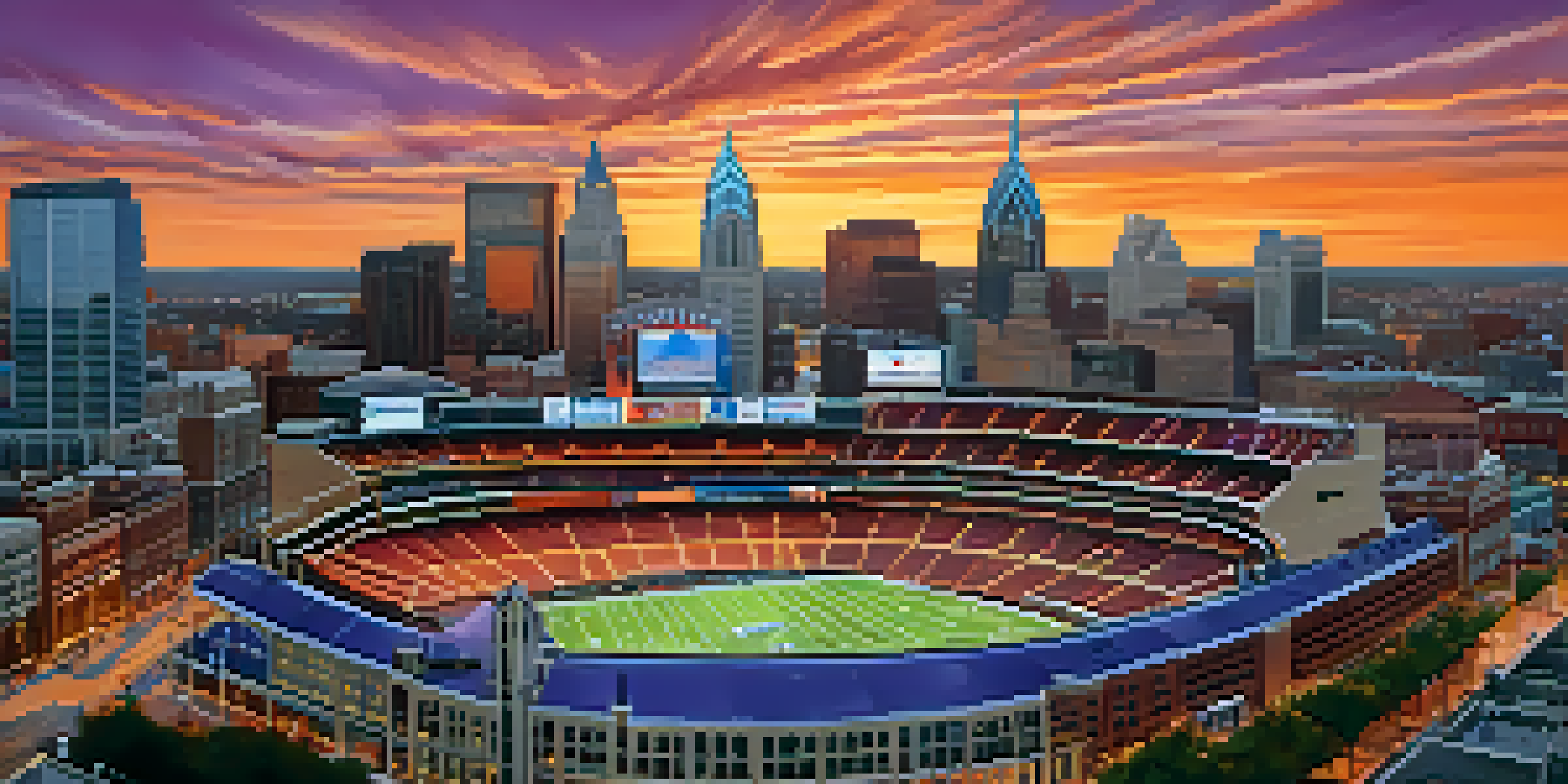 A panoramic view of Philadelphia's sports venues at sunset, with fans in team colors.