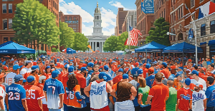 A lively street festival in Philadelphia with diverse fans wearing sports jerseys, colorful banners, and the Liberty Bell in the background.