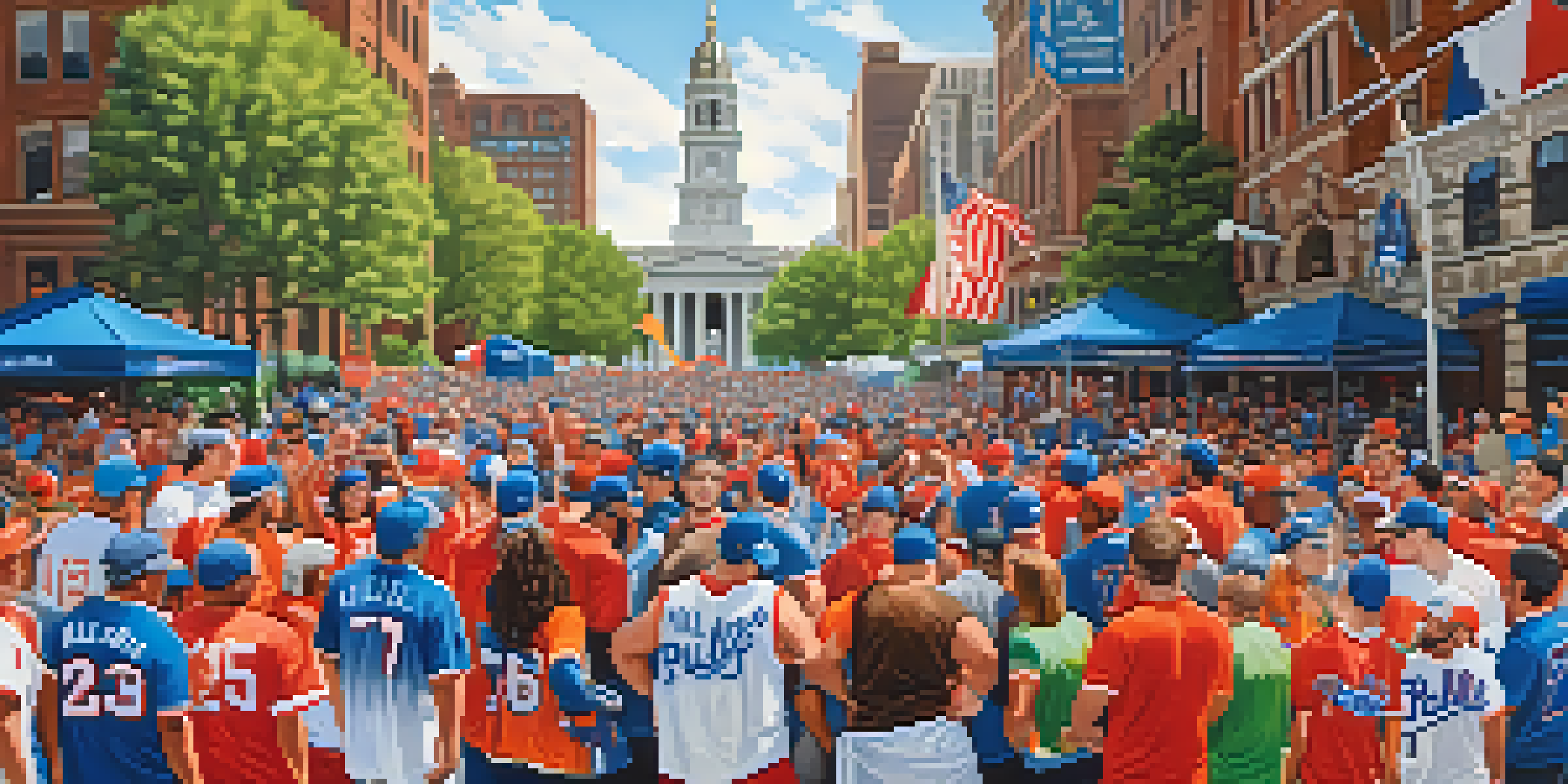 A lively street festival in Philadelphia with diverse fans wearing sports jerseys, colorful banners, and the Liberty Bell in the background.