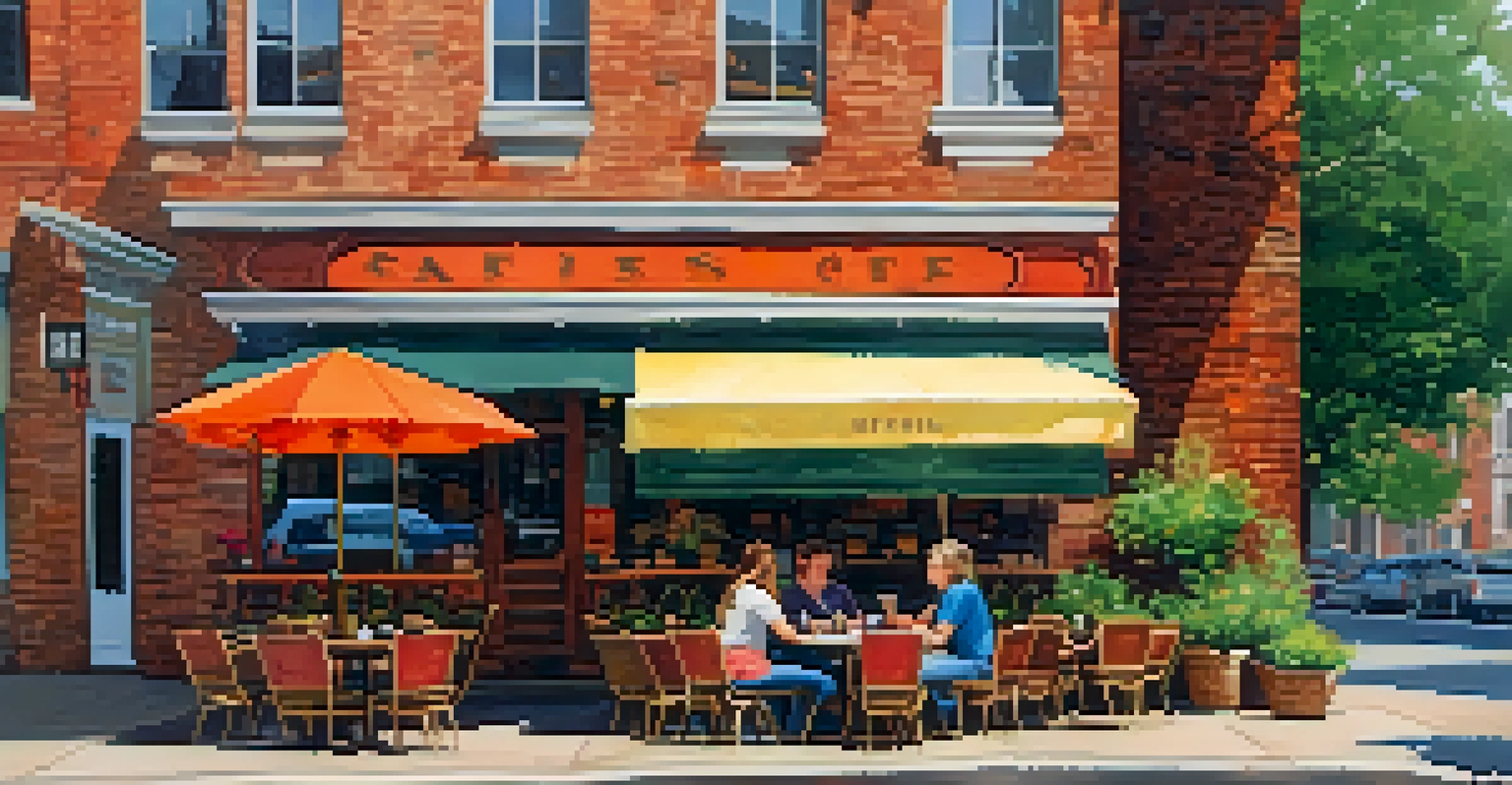 A cozy café in Chestnut Hill with outdoor seating and colorful umbrellas, patrons enjoying drinks amidst potted plants.