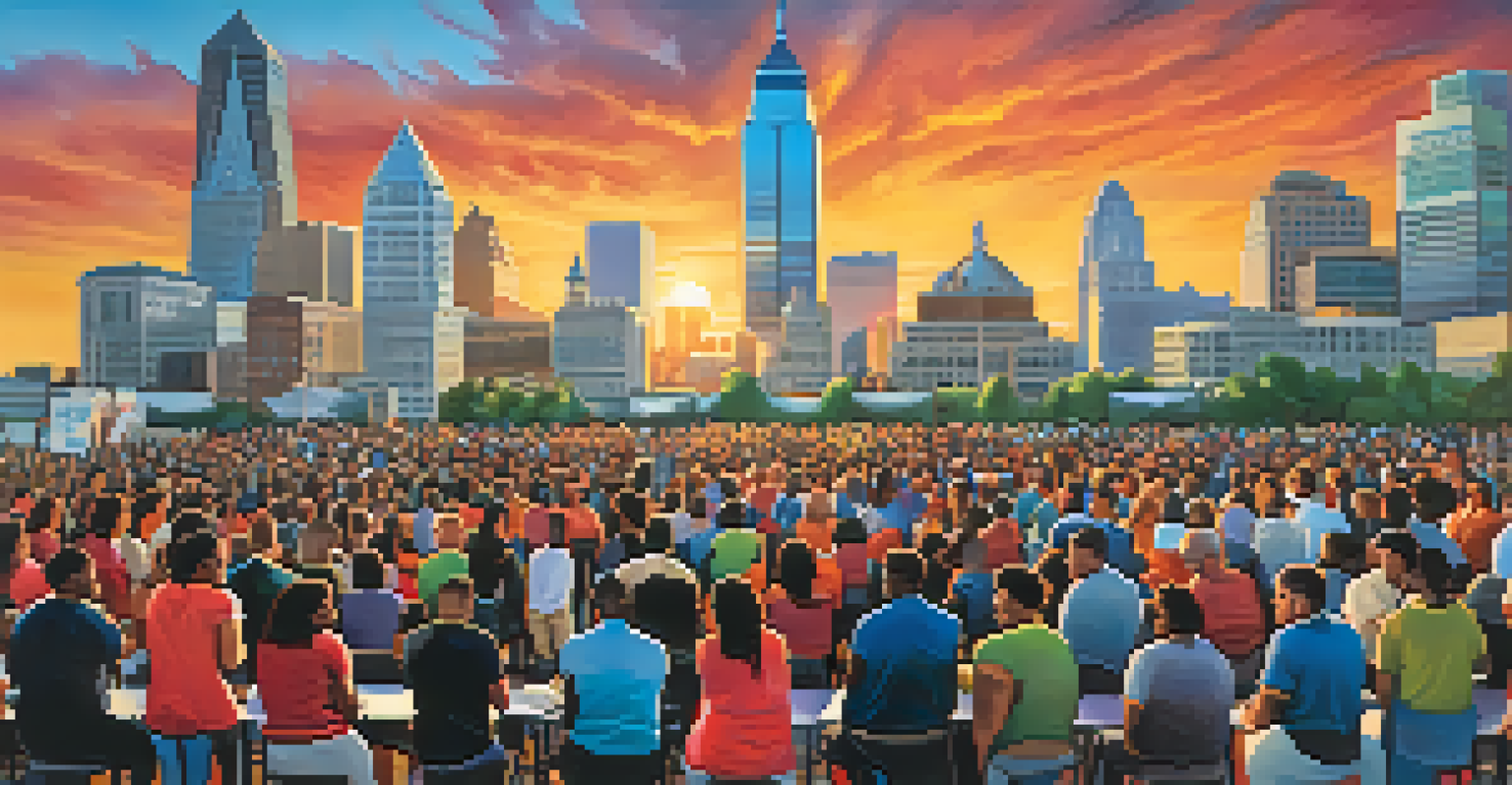 A diverse group of citizens participating in a public forum in Philadelphia, discussing community issues with a city skyline at sunset.