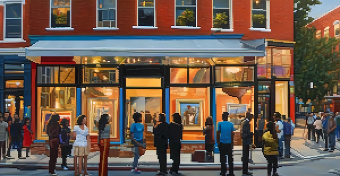 A bustling street scene in Philadelphia during the First Friday art celebration, filled with visitors and local artists showcasing their work.
