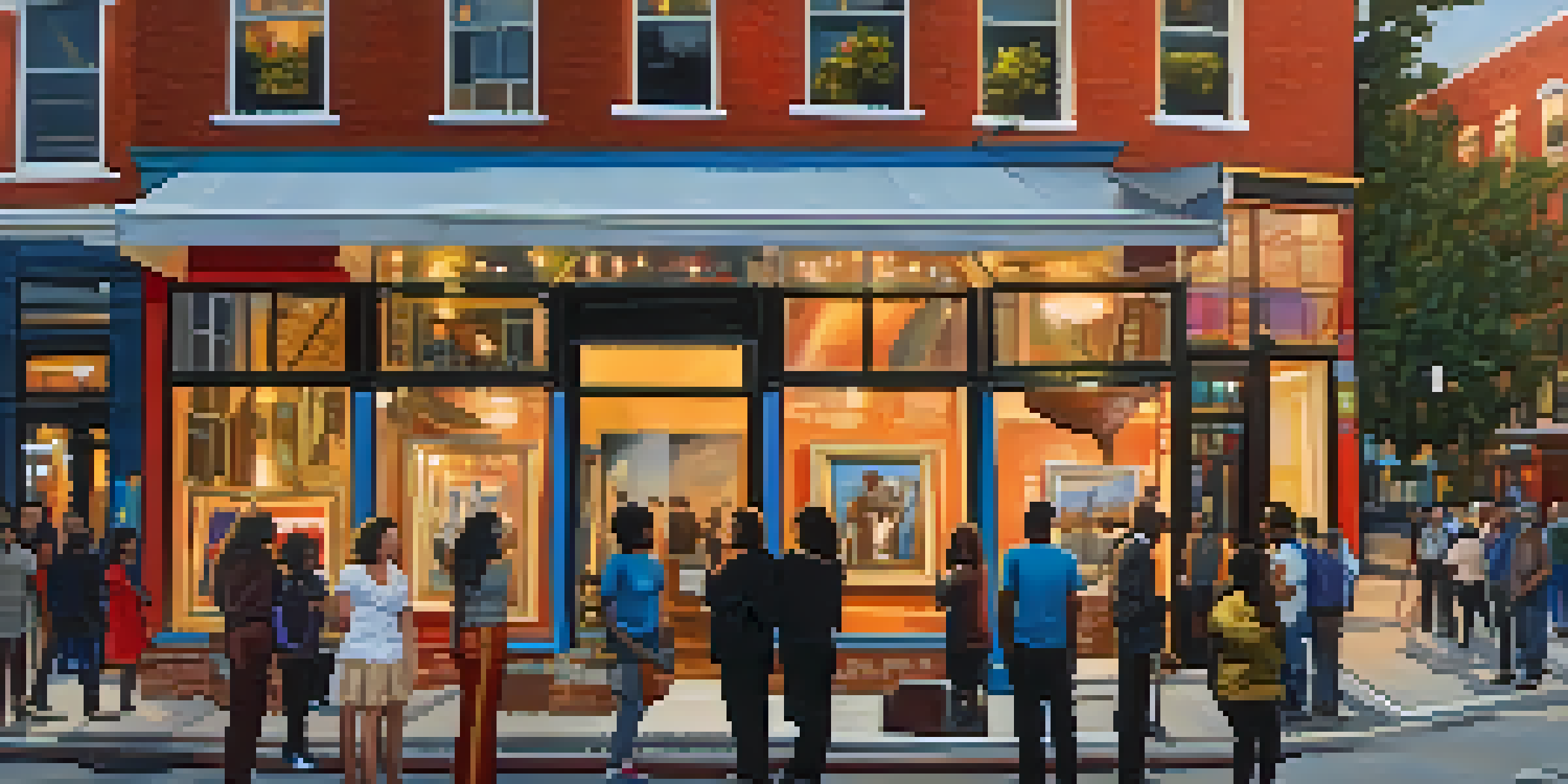 A bustling street scene in Philadelphia during the First Friday art celebration, filled with visitors and local artists showcasing their work.