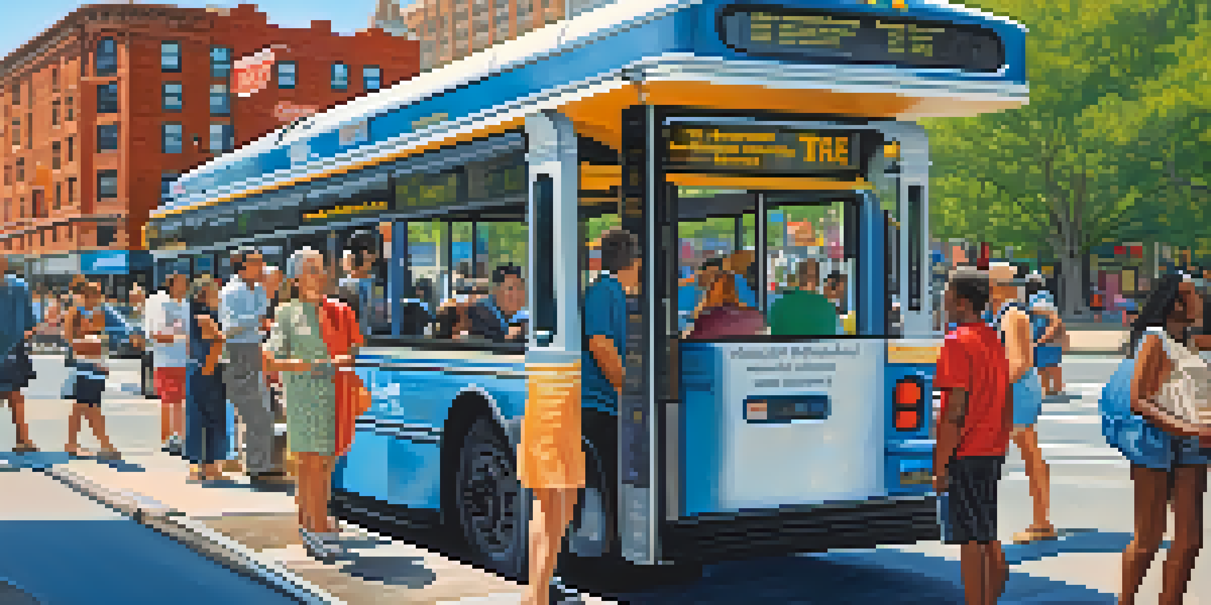 A busy bus stop in Philadelphia with passengers of various backgrounds waiting for their bus, colorful advertisements, and notable city architecture in the background.
