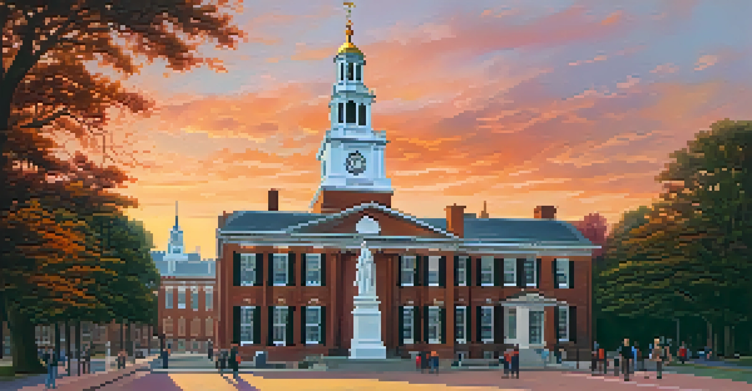 Independence Hall in Philadelphia at sunset, highlighting its clock tower and historical architecture with vibrant sky colors.