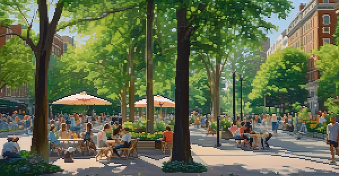 A beautiful park with lush greenery, historic buildings, and people enjoying various activities like picnics and yoga in Philadelphia.