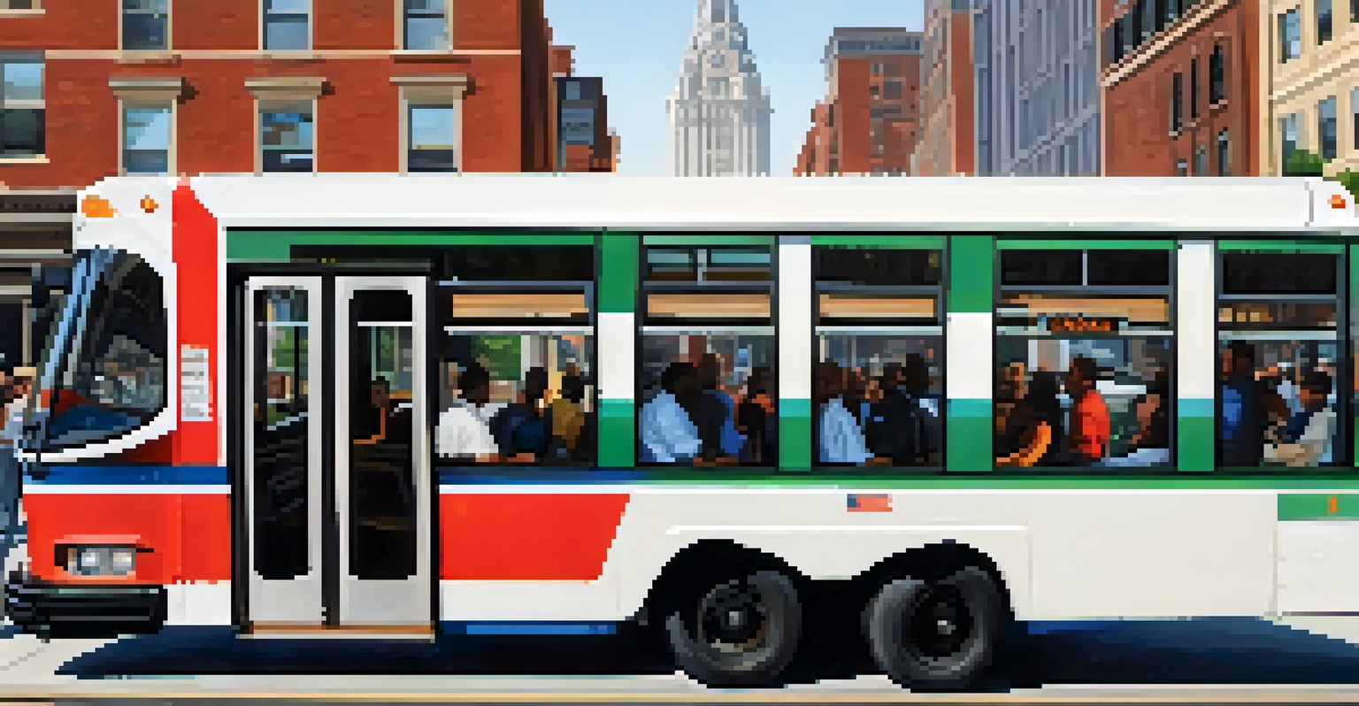 A close-up of a SEPTA bus with passengers boarding and alighting, set against the Philadelphia skyline.