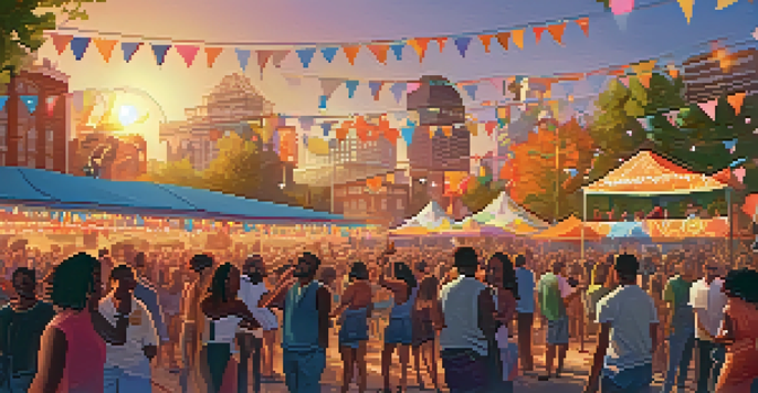 A lively outdoor music festival in Philadelphia with diverse attendees enjoying live music, food trucks, and art installations under a sunset sky.