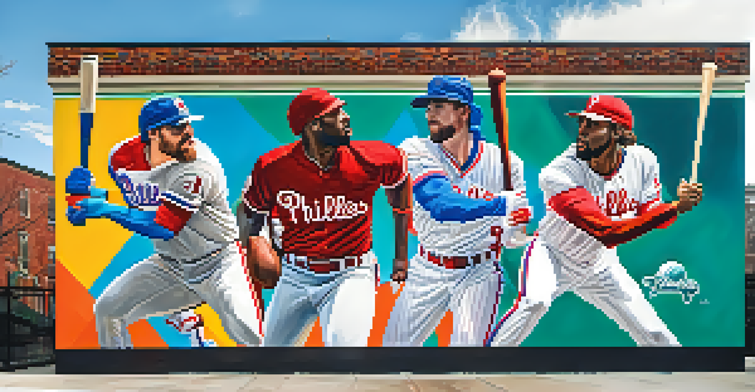 A colorful mural depicting iconic Philadelphia sports players and the skyline, celebrating the city's sports culture.