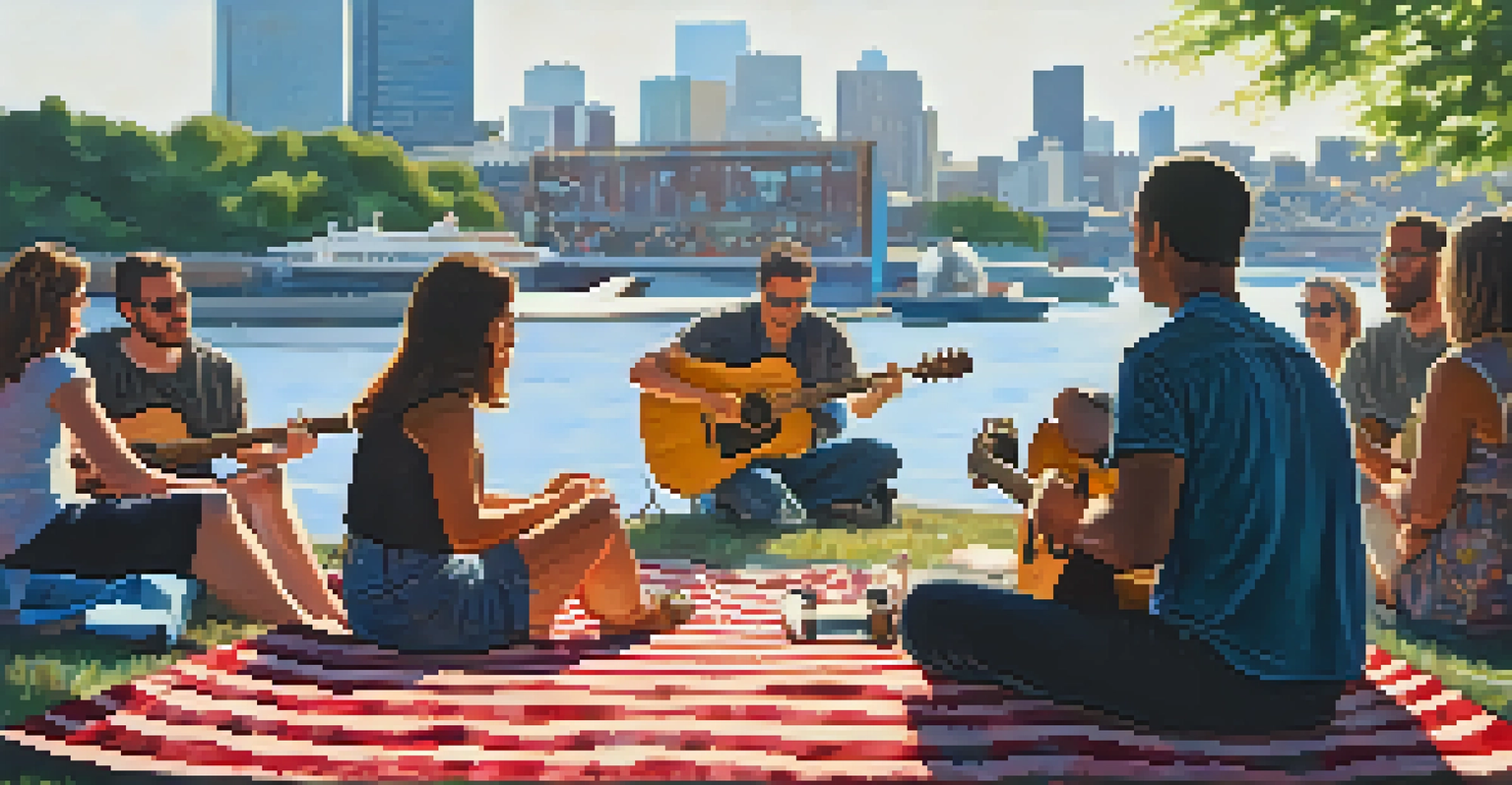 An indie artist performing on a small stage at the XPoNential Music Festival, with an engaged audience sitting on picnic blankets beside the Camden waterfront.