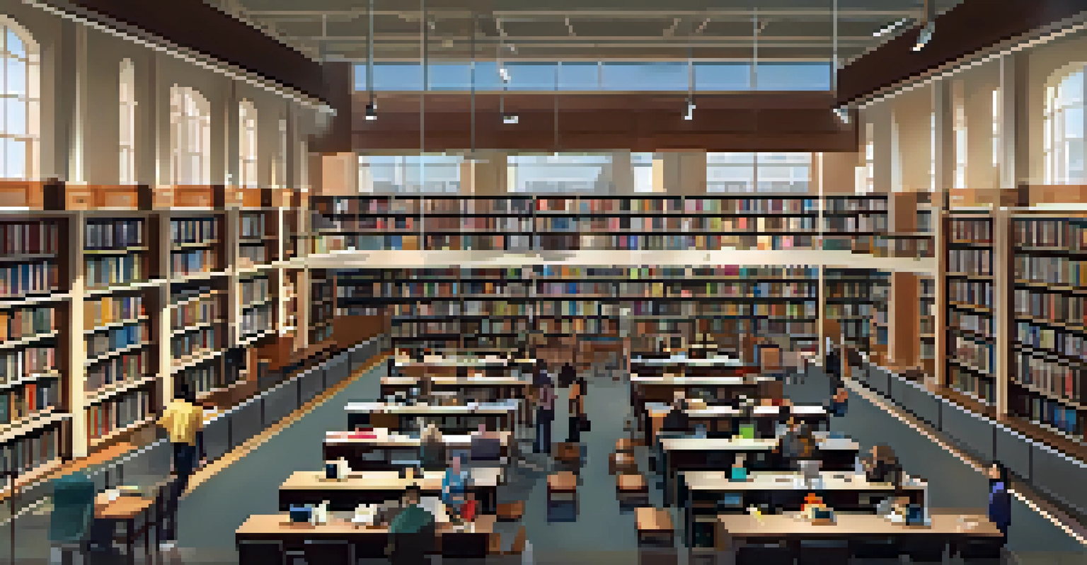 Inside Temple University's library, students study at tables surrounded by bookshelves.