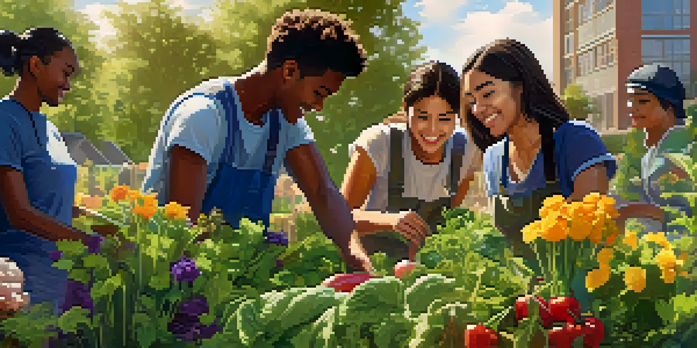 A diverse group of university students collaborating in a community garden, planting flowers and vegetables under a sunny sky.