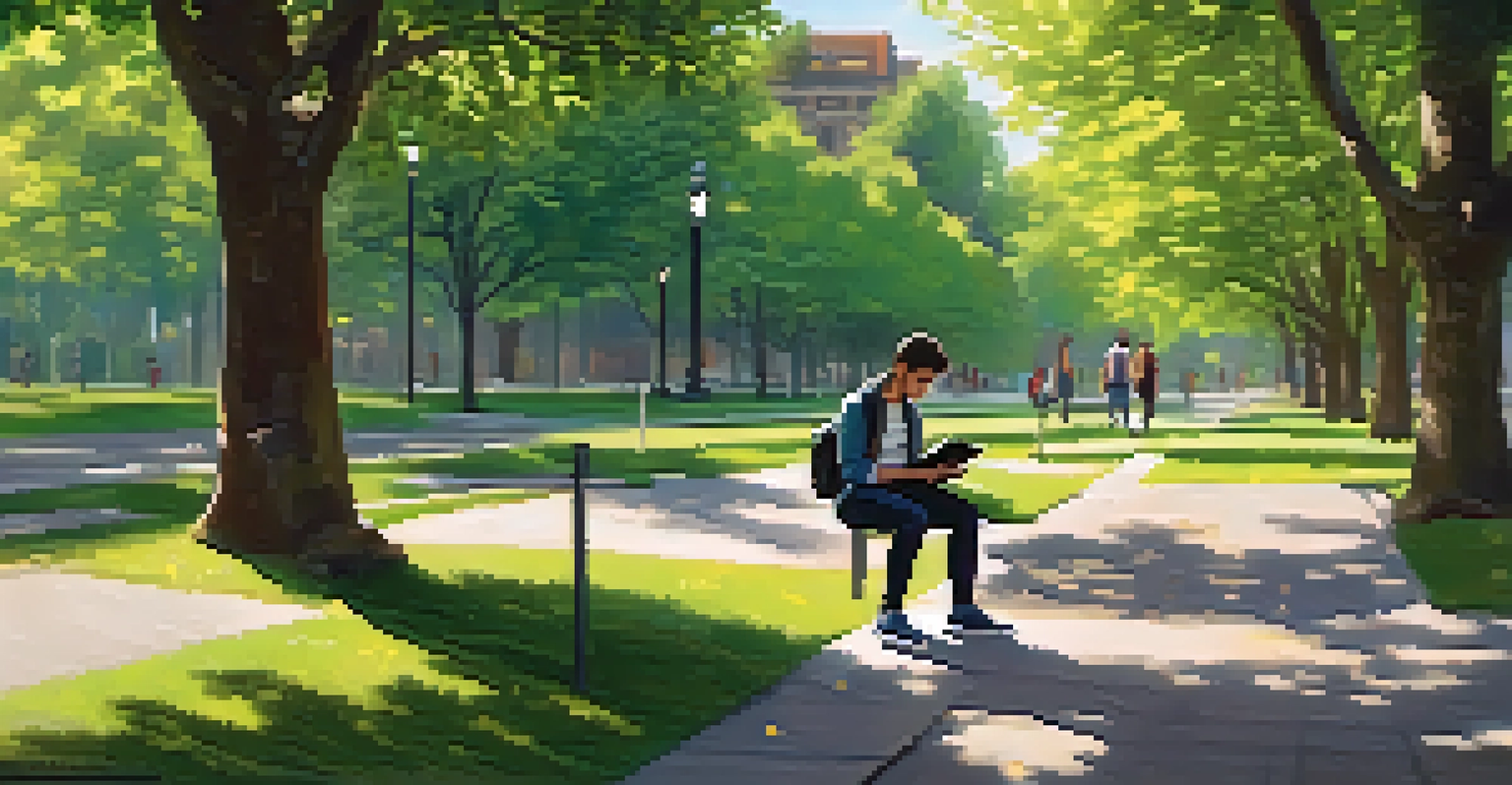 A student studying outdoors in a park, using a tablet surrounded by greenery.