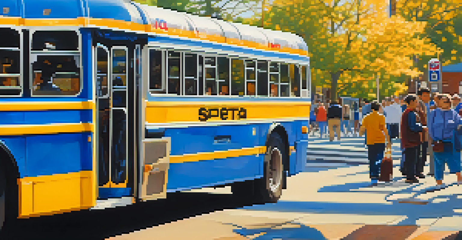 Close-up of a SEPTA bus at a street corner with passengers boarding and alighting, set against a city backdrop.