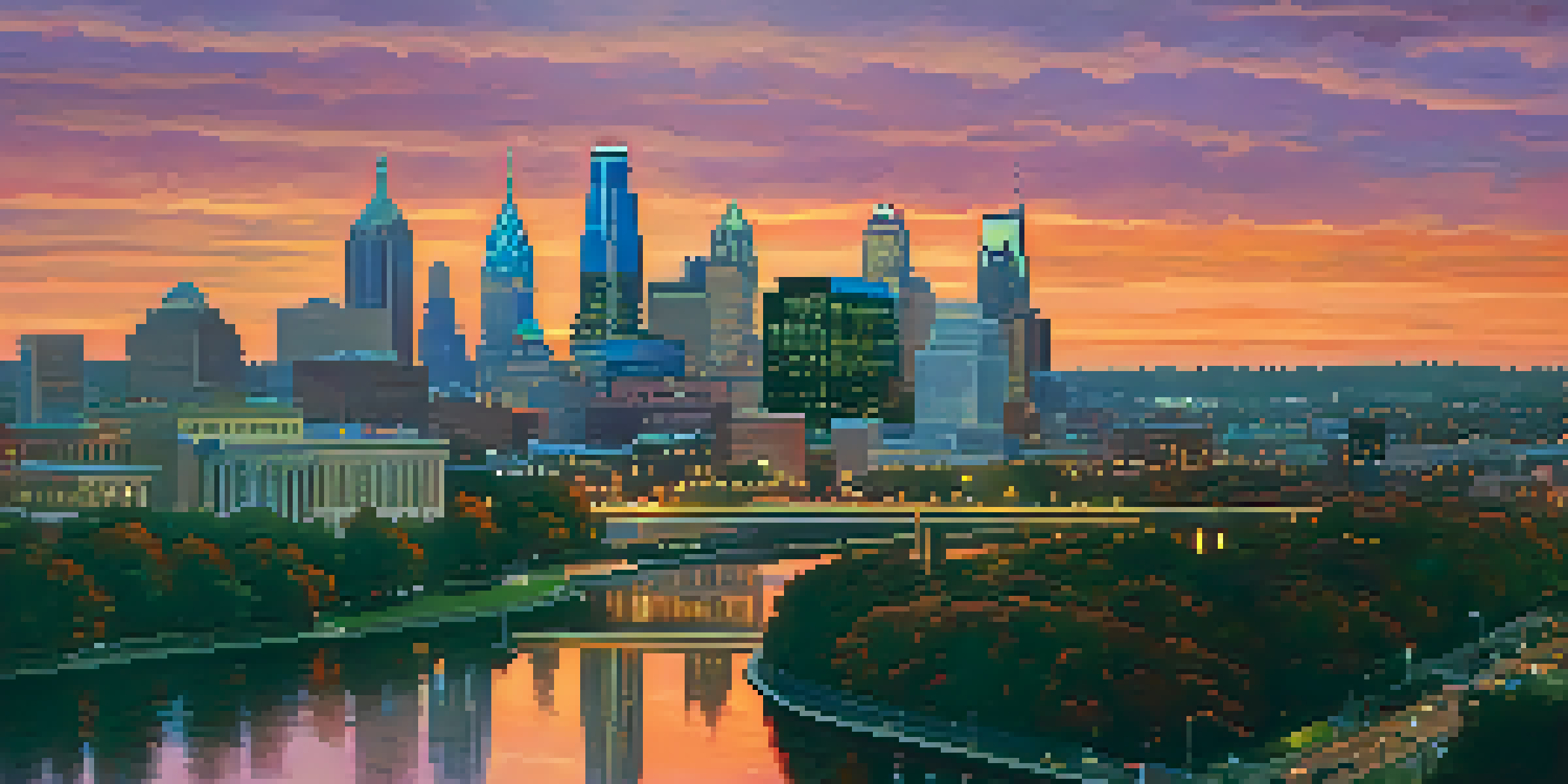 A panoramic view of Philadelphia's skyline at sunset with a mix of historic and modern buildings, reflecting vibrant colors in the sky and the Schuylkill River.