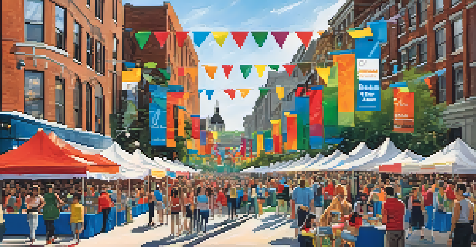 A vibrant community event at a Philadelphia university with booths, students participating in activities, and live performances on stage, decorated with colorful banners.