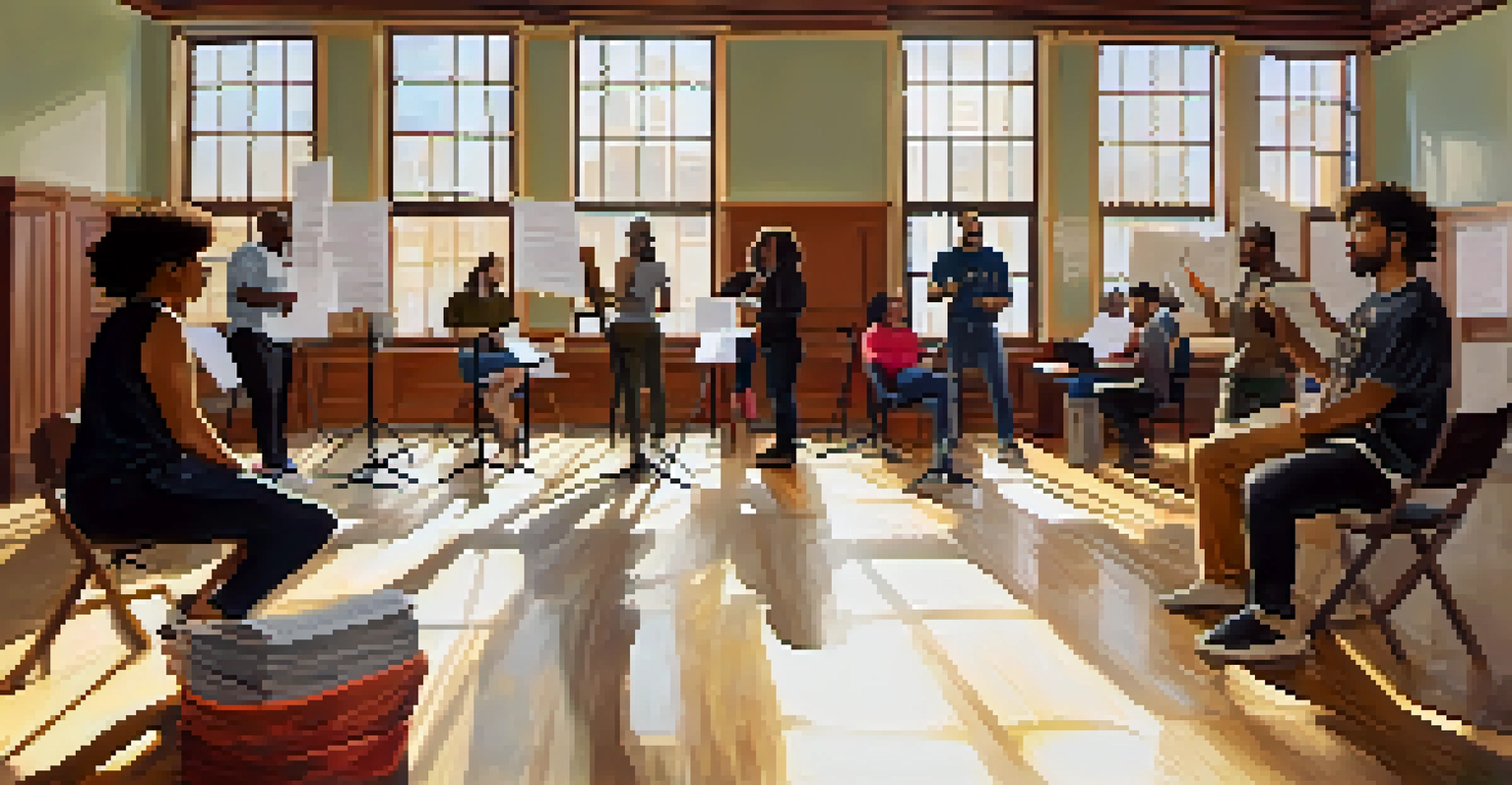 A rehearsal room with diverse aspiring playwrights and actors collaborating on a script for the Philadelphia Playwrights Project.