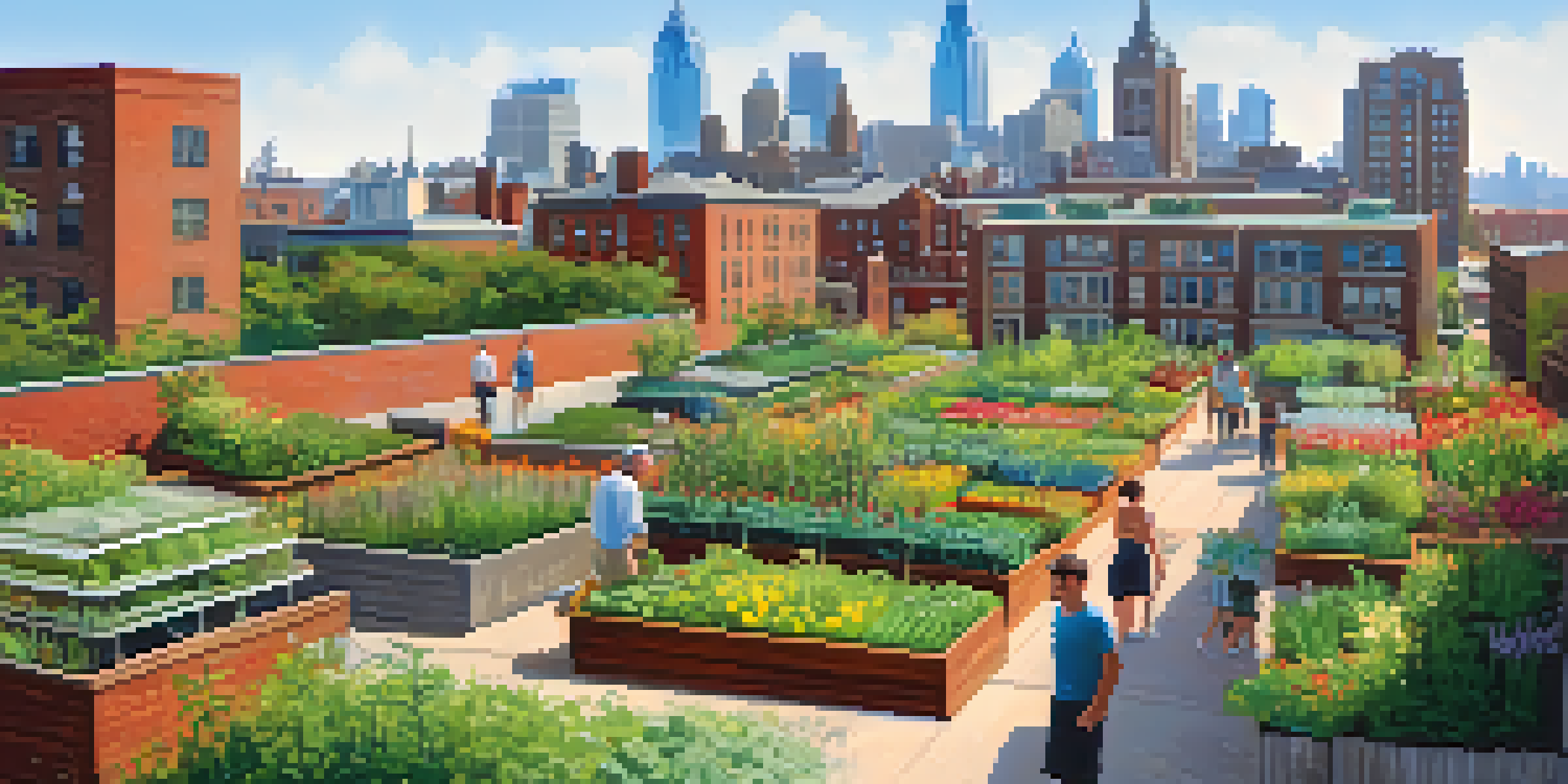 A cityscape of Philadelphia with green roofs and a community garden, showcasing nature and urban life together.
